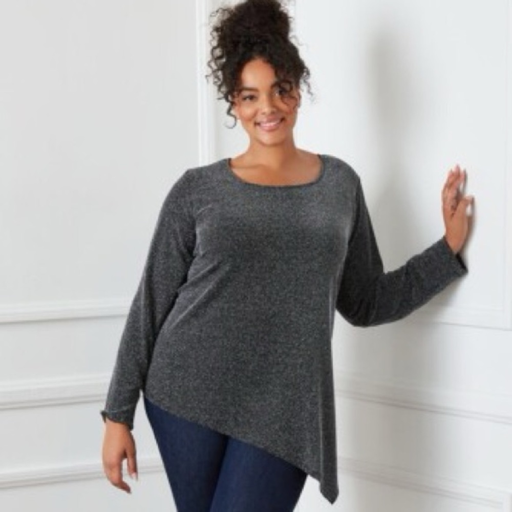NWT $98 Karen Kane – Glitter Girl Asymmetric Hem Top (2X)